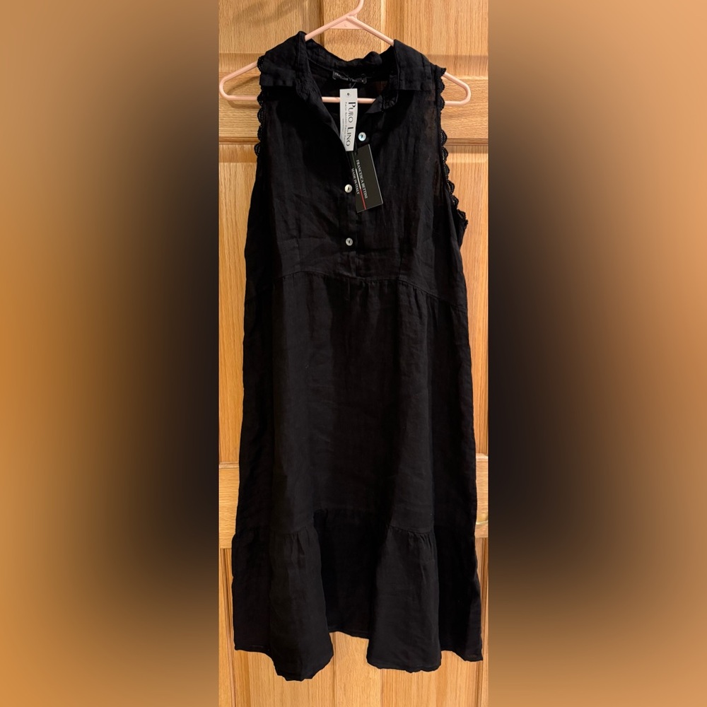 Black Sleeveless Linen Midi Dress with Collar